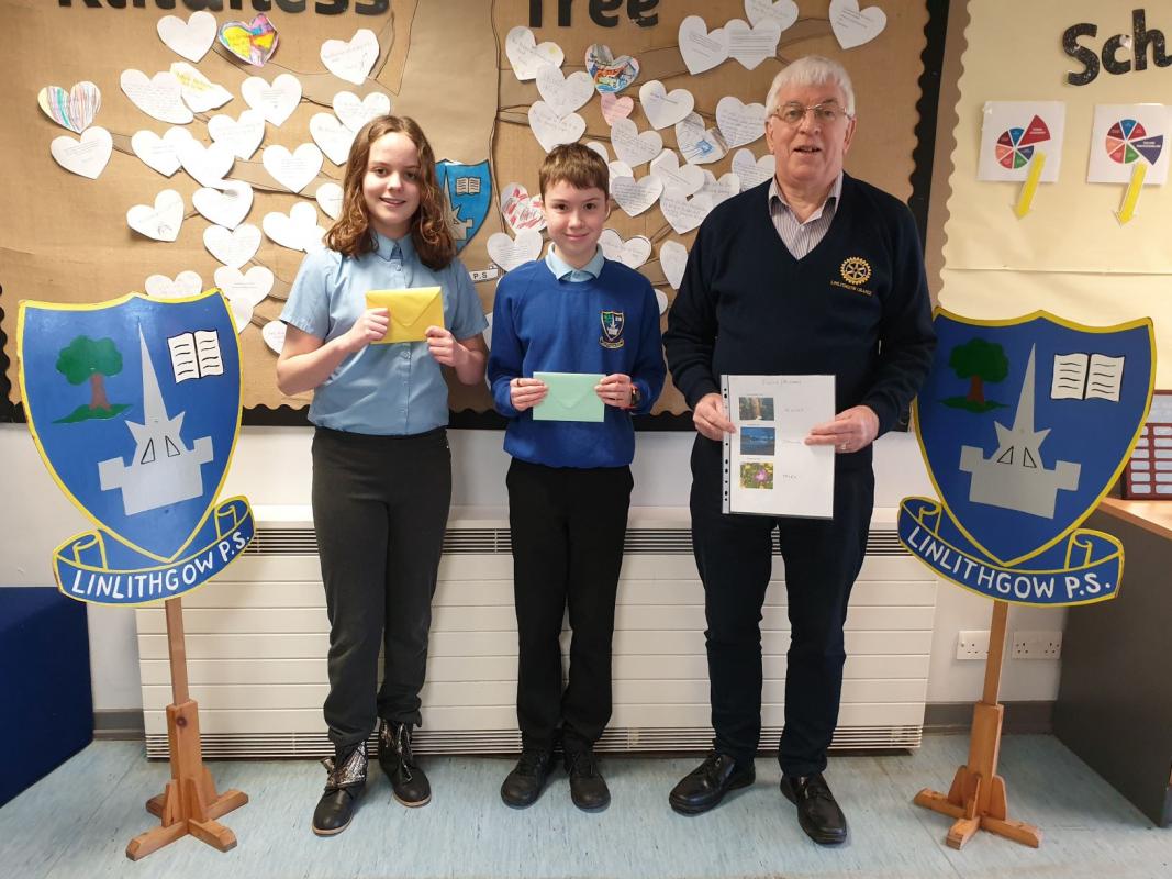 Competition first-place winner Penelope with 3rd place winner Eric and competition organiser Rotarian, Rory Cameron. 2nd place winner was Isla Pandian from Low Port Primary School.