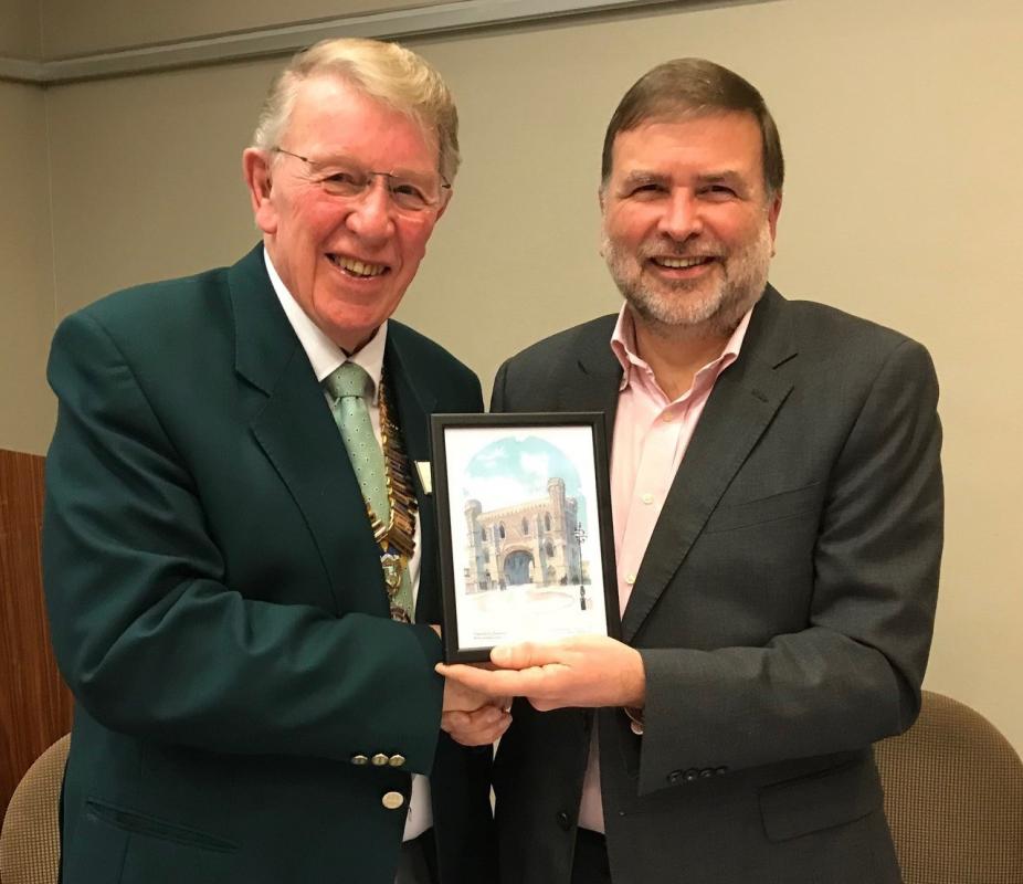 President Colin presenting speaker Tim Luscombe with a picture of Reading Abbey Gate.  