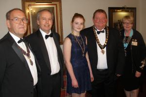 (l-r) President David Davies, Guest Speaker BBC Radio's James Bond, Oswestry Town Council Mayoress Amber Hunt, Mayor Vince Hunt and Beryl Cotton District Governor 1180