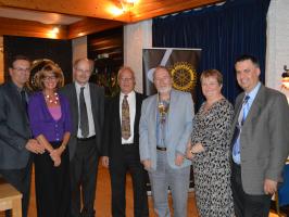 (l-r) visitors Ian and Cathy Gunn, Professor John Curtice, visitor Dick Baxter, President Colin Strachan, visiting Rotarian Sally Till from Woolwich Rotary and husband Kevin.
