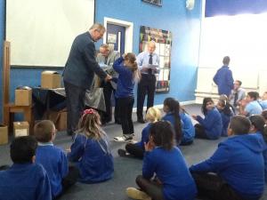 Barry Smith, President of Bradford Blaize,  presenting dictionaries 4 life  at Bowling Park Primary School.