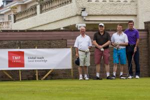 The top fourball ready to tee off down the 1st at the Royal Jersey Golf Club.
