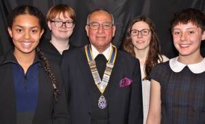  Mia Robinson, Troy-Francis Beaumont,  Elizabeth Bywater and Rebecca Clews are pictured with President Jayaram