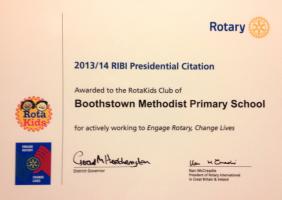 We are pleased to announce that Boothstown Primary has been awarded an RIBI Presidential Citation for actively working to Engage Rotary and Change Lives. This is recognition the Pupils are making a positive difference in the school & local community.  