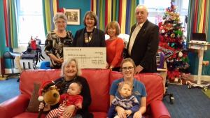 Inner Wheel Presents a Cheque to Rebecca House 
L – R Lady Mary Walker (Treasurer Inner Wheel), Mary-Jean Lindon (President Inner Wheel), Hilary Hoskinson (Secretary Inner Wheel), Sir Miles Walker (Chairman of Hospice IOM and Rotarian)
Front sitting – A