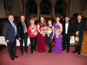Compere Peter Shrigley with artistes, and organisers David and Shirley Heather.