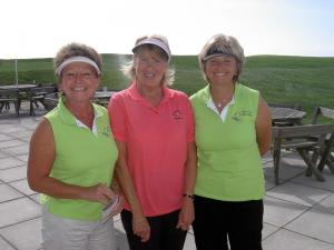 Rachael, Barbara and Jo shaping up near the first tee at Mullion Golf Club