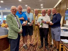 Champagne for the 4 Winning Golfers
Left to Right: Richard Hopper (Joint President), John Bexon, Julian Cooksley, Ray Webber (Joint President), Chris White, Brian Daniels (Organiser) and Mark Graham.