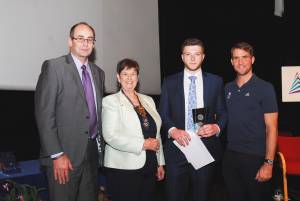 Daniel Volte - winner of John Rowberry top Apprentice Award 2014 in HR9 area with from left to right Rtn Frank Powell, myself and Leon Sandel Olympic Tokyo silver medallist - high diving. Presented with trophy, certificate and ï¿½250 cheque from John Rowb