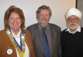 Picture shows Duncan Lunan flanked by Prestwick Rotary Club President Edith Sterrick and Rotarian Ajit Singh Uppal.