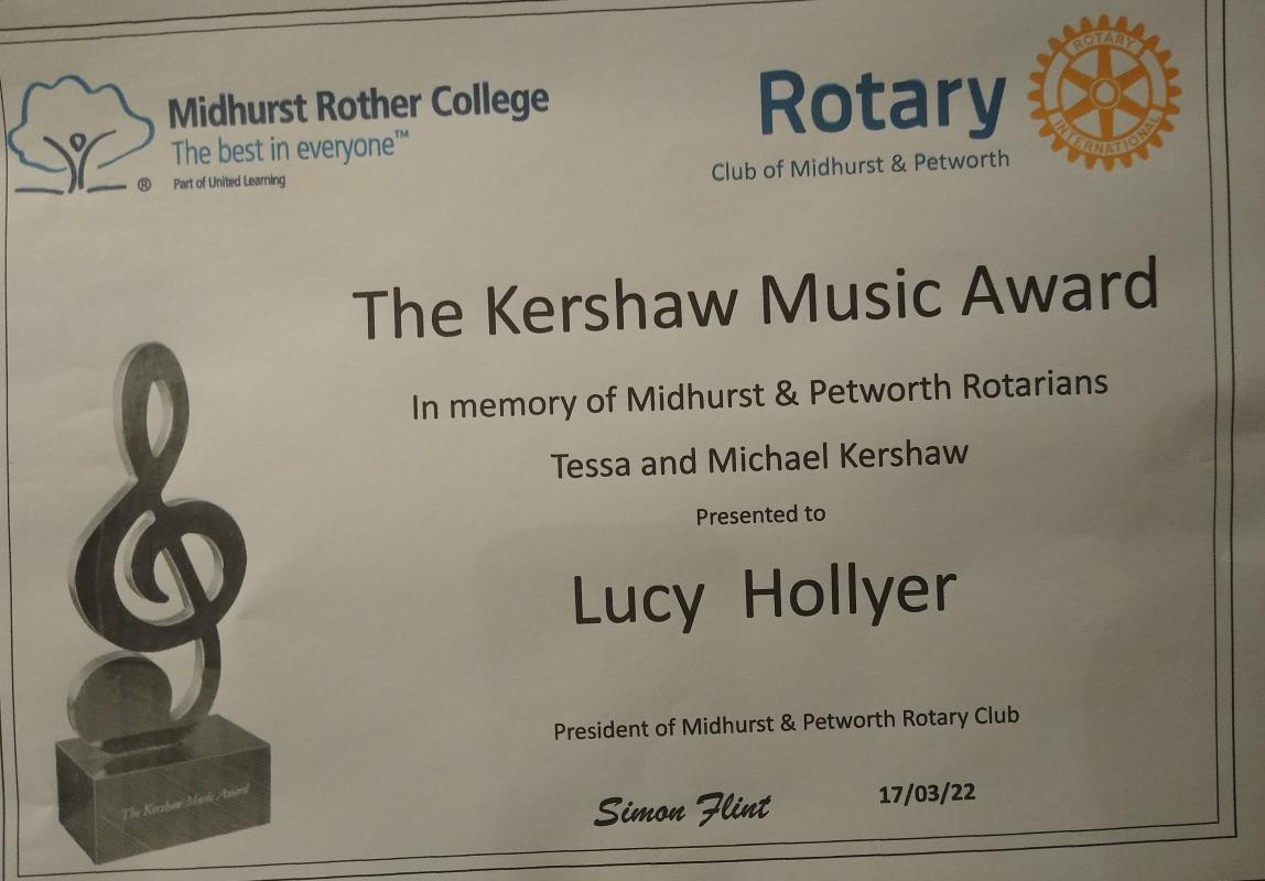 Certificate given to Kershaw Award Winner