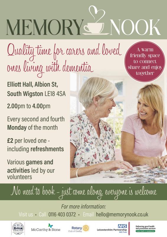 Building on the Rotary Club of Oadby's existing Oadby Memory Cafe, we are proud to be launching Memory Nook, in South Wigston, a brand new memory cafe for people living with dementia and their carers 
