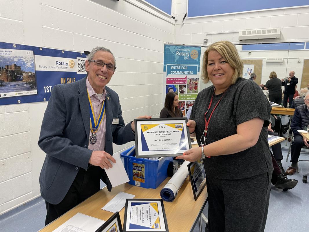 £17,000 plus was raised by The 2025 Advent Calendar. Here, Rotary President, Steve Krikler, is presenting a cheque to Myton Hospice