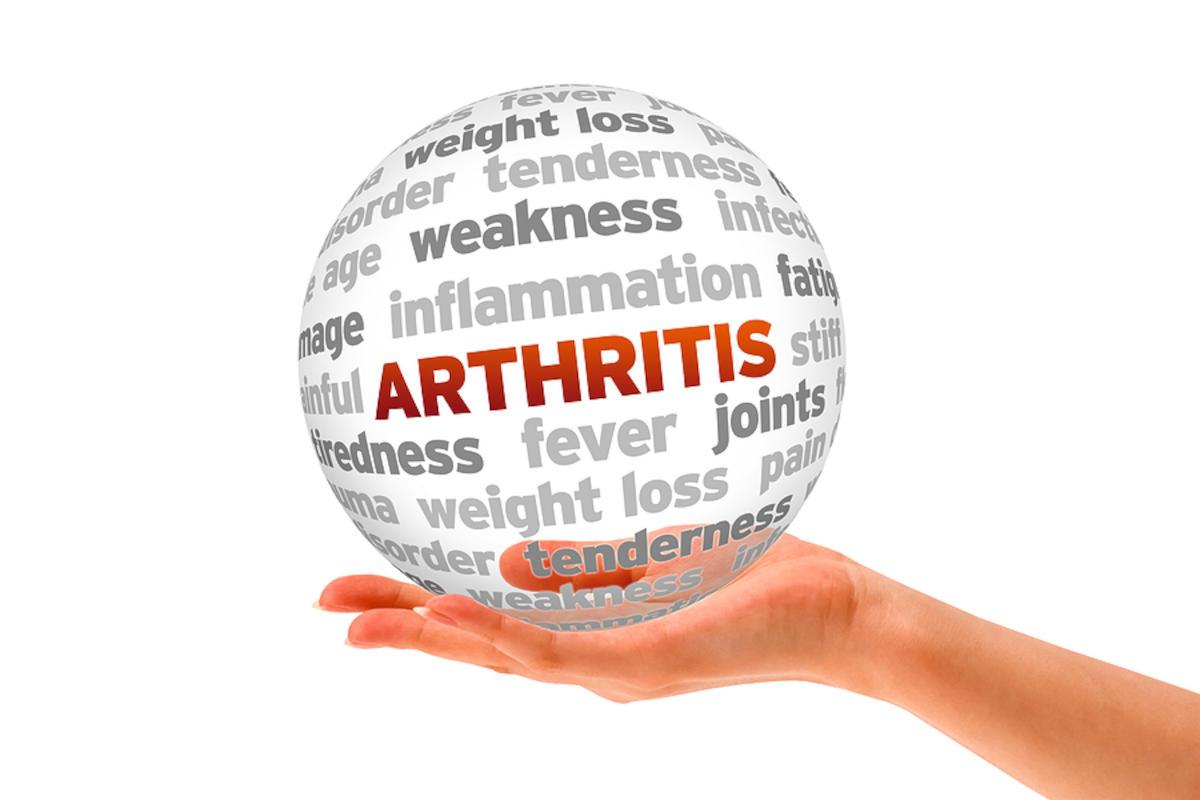 Transparent globe listing various physical complaints with arthritis in red