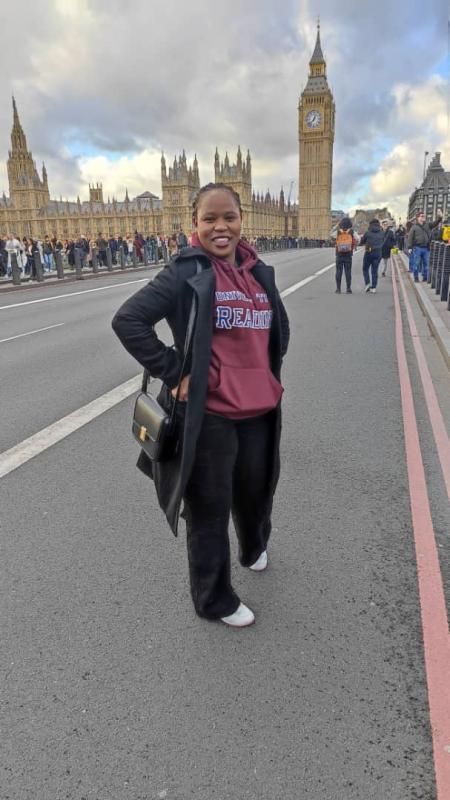 Our Rotary Interanational Scholar, Bertha Ndhlovu, stood on Westminster Bridge with the Houses of Parliament behind her