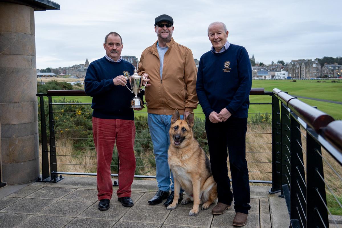 Tommy Brown (St A Rotary),  Jim Gales (European Captain) with his guide dog Yannick,  John Christie (St A Rotary president)