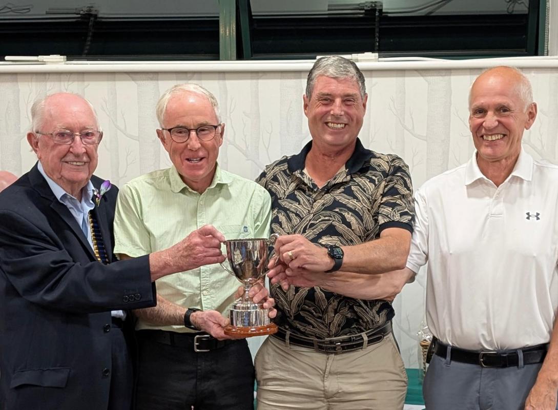 President Neil Beeton with the main prize and trophy winners: Roger Gillespie, Jerry Breen and Robbie MacPherson.