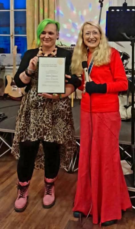 Verity, South Molton Citizen of the Year, being presented with her award by the South Molton Town Mayor, Ms J Footman.