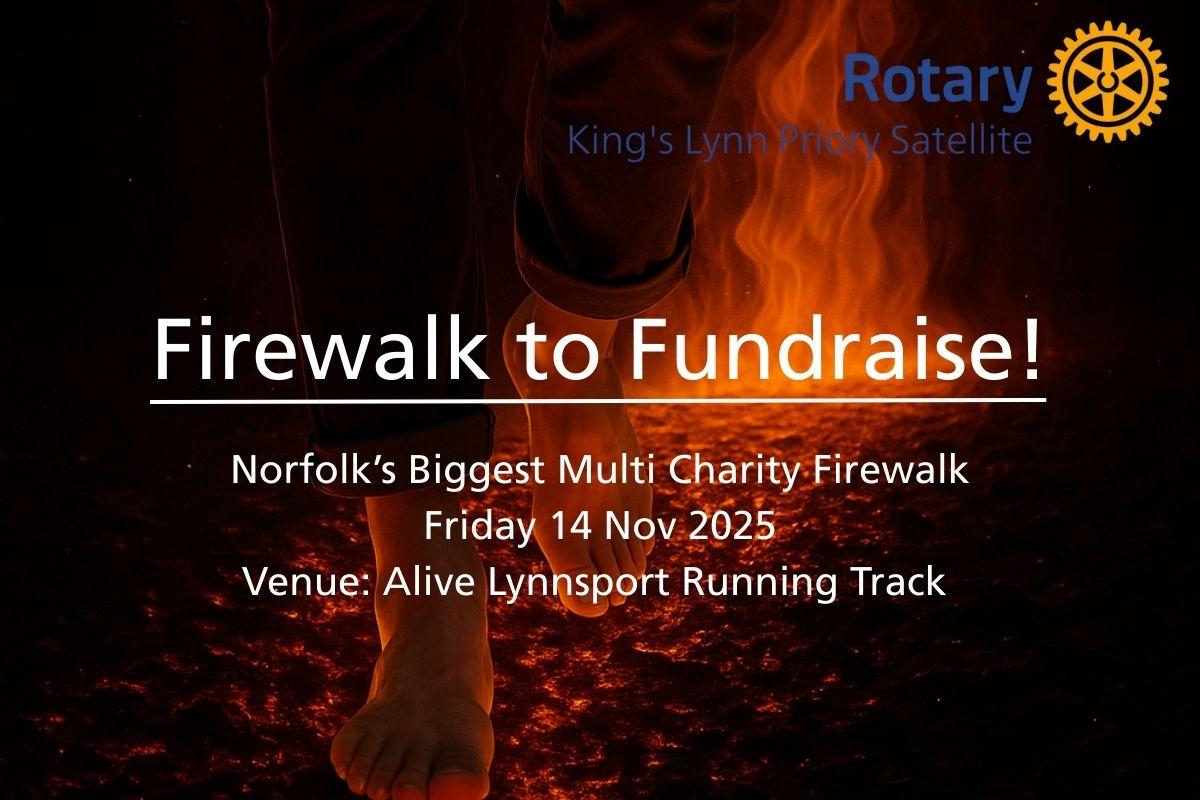 Feet crossing hot coals and title Firewalk to Fundraise! Norfolk's Biggest Multi Charity Firewalk