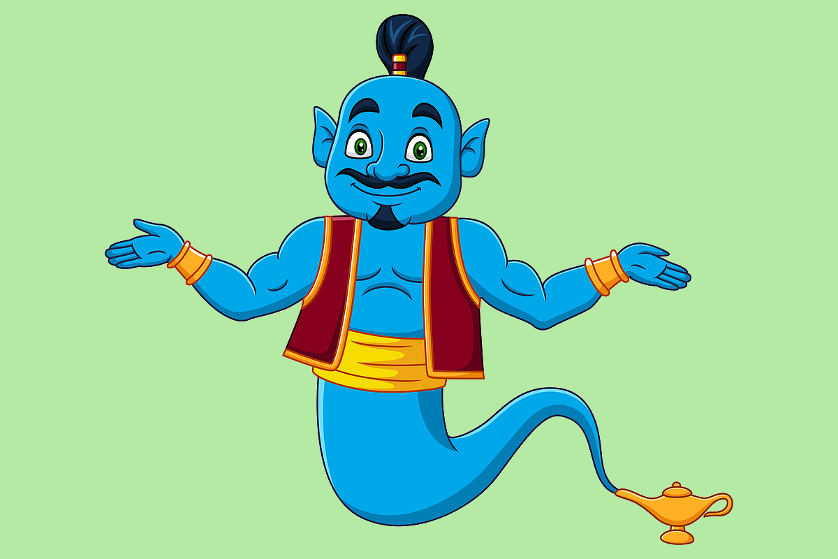 Cartoon of a genie coming out of a lamp.