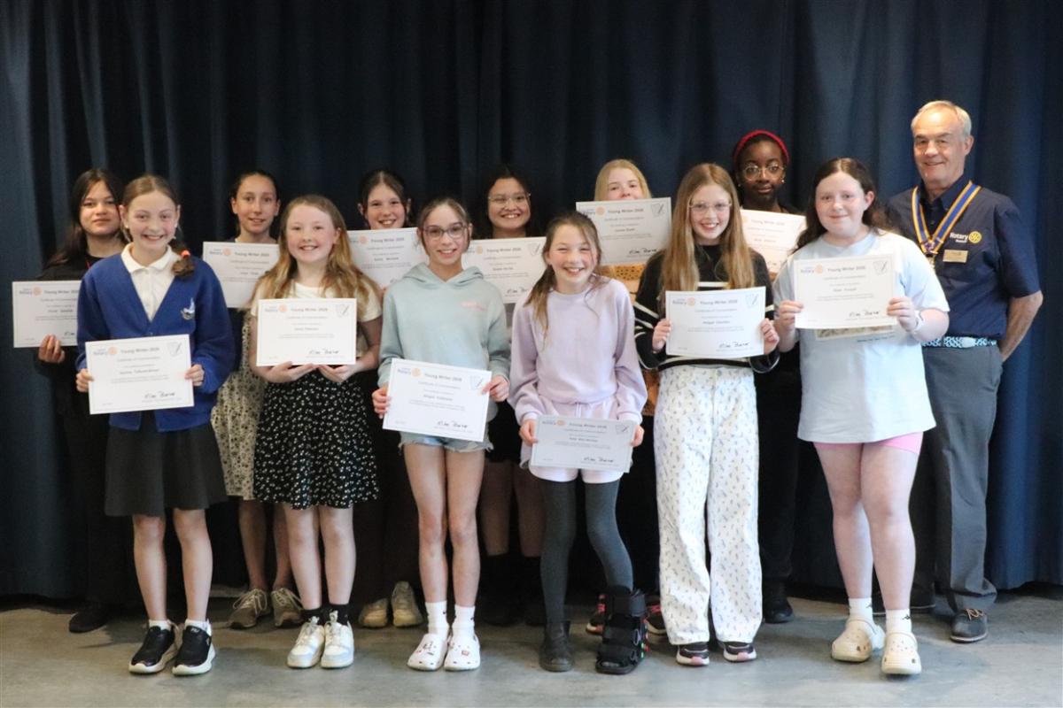 The students with their Certificates for reaching the final with Club President Mike Barker