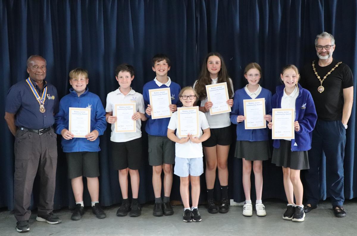 From the left:  President Collins Griffith, the students with their awards and Seaford Mayor Councillor Lindsay Stirton