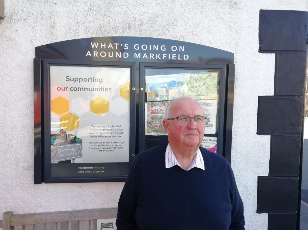 Alan Rockey at the defib machine near his local Co-op in Markfield