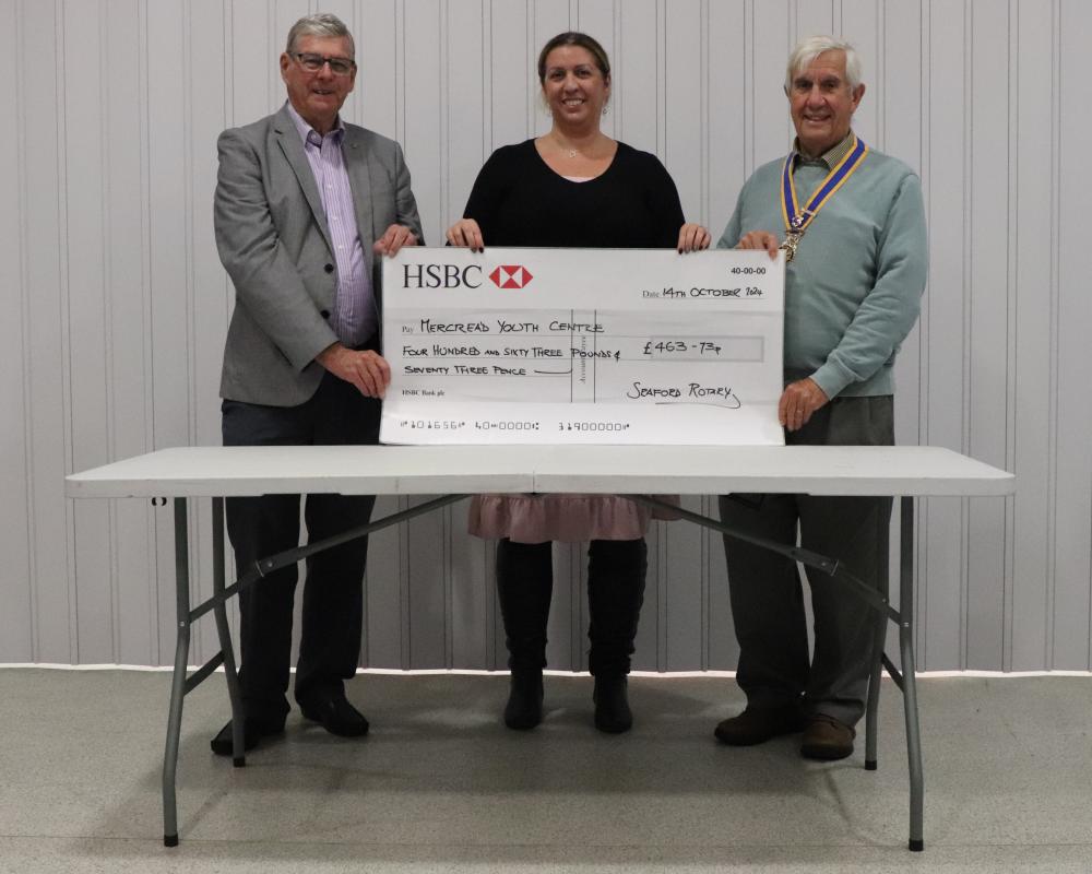 Clive Livingstone, Seaford Rotary President with Paul Vaesen, Youth Services Chair presenting the donation to Mercread Centre Manager Myriam Otoide behind one of the tables for which the donation will be used.