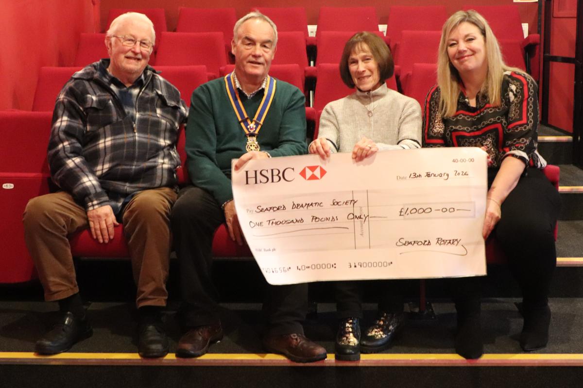From the left:  Members of Seaford Dramatic Society: Lettings Officer Phil Armstrong, Chair Sue Williams and Treasurer Tanya Baxter with Seaford Rotary President Mike Barker (2nd left)