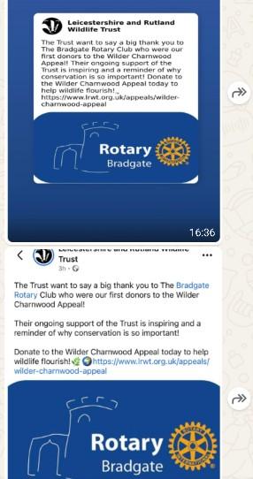 Screen grab of Leicestershire and Rutland Wildlife Trust's post thanking Bradgate Rotary for its early donation