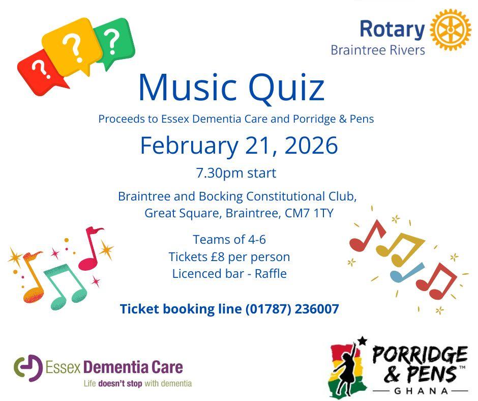 Flier for a music quiz on February 21, 2026 to raise money for Essex Dementia Care and Porridge and Pens.