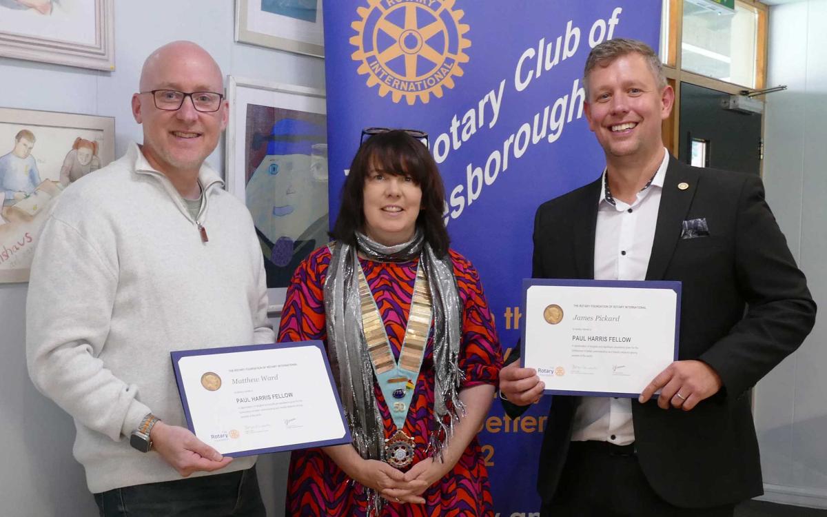 Paul Harris awardees Matti Ward (left) with Rotary District Governor Anne Sutcliffe and James Pickard (right). 