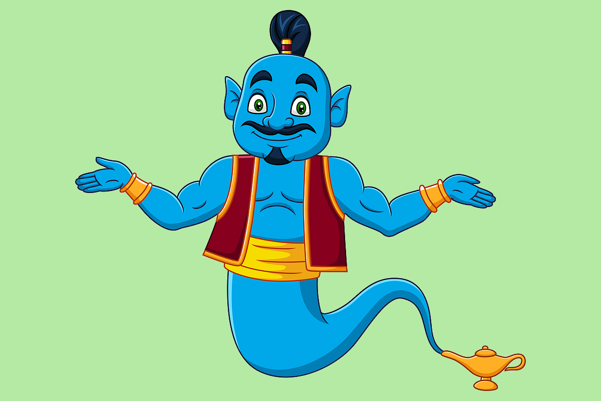 A cartoon genie emerging from a lamp