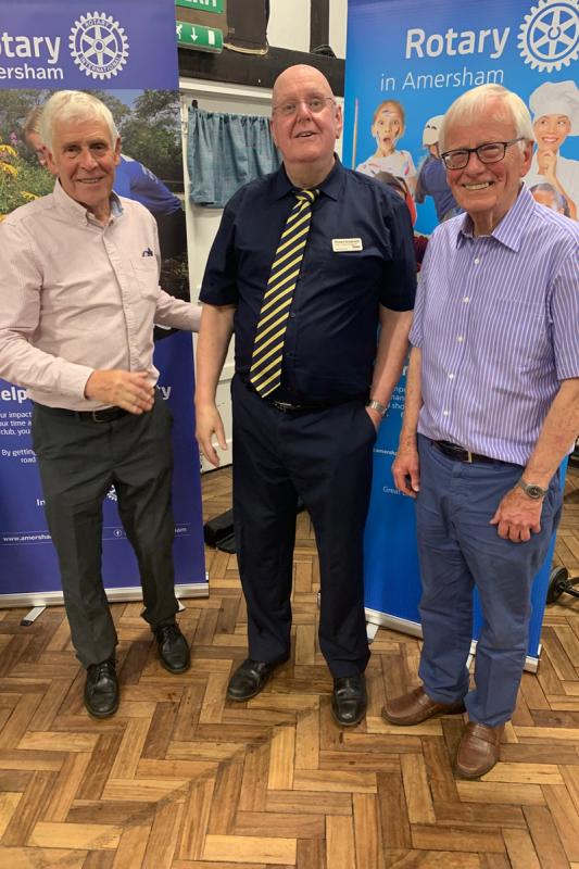 Robert Breakwell is flanked by President Richard and Rotarian Dave Bevan. Musician Dave participated in several of the Pepper Shows.