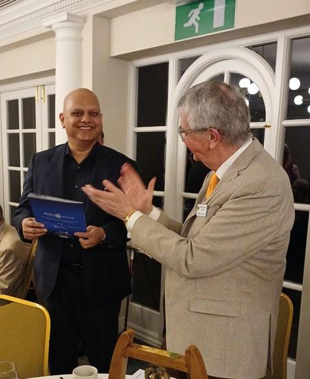 On 25th February we inducted our latest member, Prashant Bapna.  Here you see Prashnat reciving his Rotary badge from President Graham Smith.