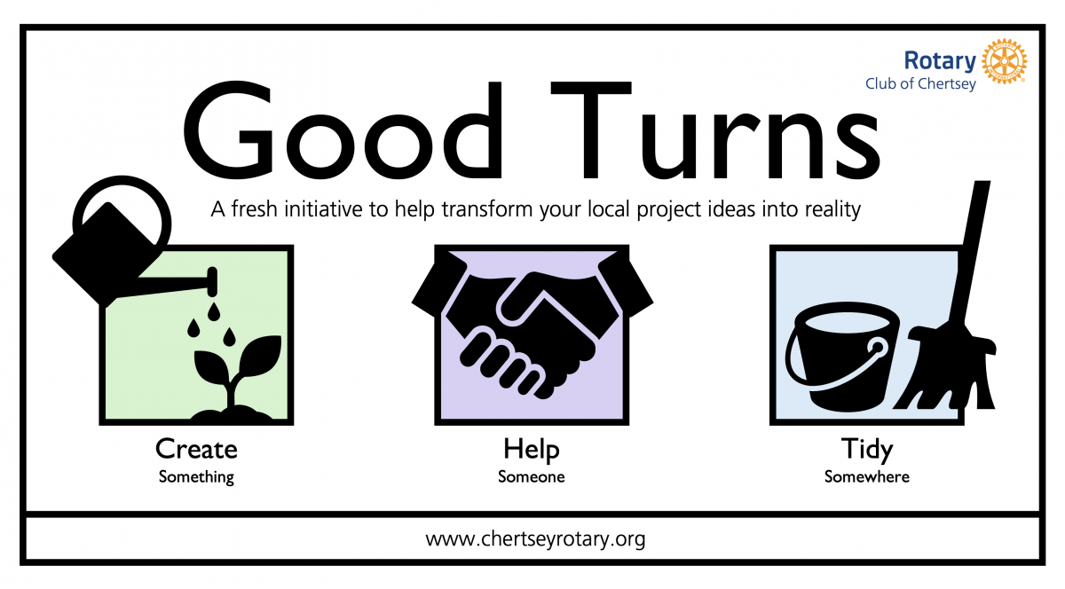 Chertsey Rotary - Good Turns.
A fresh initiative to help transform your local project ideas into reality.
Create Something. Help Someone. Tody Somewhere.

