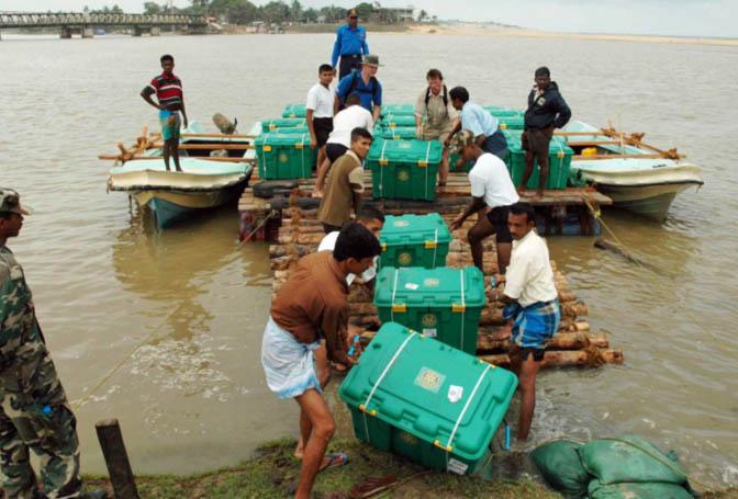 Shelterboxes being delivered to a disaster site