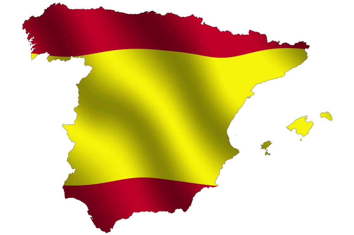 Outline map of Spain with the colours of the Spanish flag superimposed.
