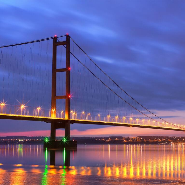 The Humber Bridge at night.