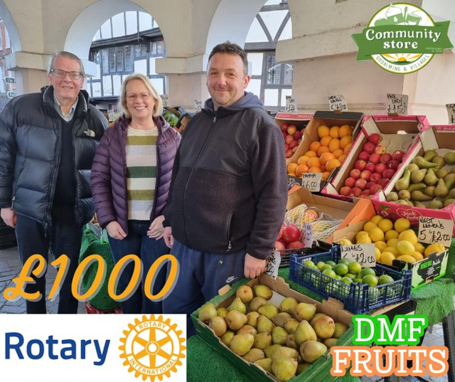 Graham Sopp (President, Woolsack Rotary Club), Estelle Spencer (Chair, Godalming & Villages Community Store) & Danny Taylor (Owner, DMF Fruits)