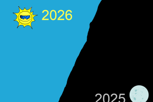 A split sky, blue on the left with a smiling sun and the date 2026, black on the right with a setting moon and the date 2025