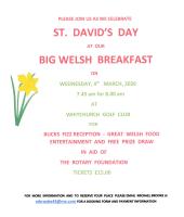 St David's Day Big Breakfast at Whitchurch Golf Club. 7.30 for 8.00 am