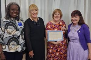 Peacebuilder Club Certs: Harriette, Past Pres Susan Roberts, Pres Julie Jones and Alison Sutherland.