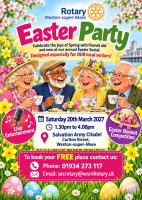 Continuing to live up to its motto of ‘Service Above Self’, on Saturday 20th March 2027, Rotary, Weston-super-Mare, will once again be holding its Easter Party for Senior Citizens from 1.30pm, when you are invited to join us at the Salvation Army Citadel 