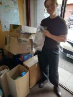Megan Wright with the donated medical equipment and mobility aids