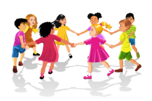 A computer graphic of children dancing in a circle