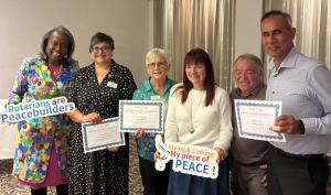RI Director Harriette, Pritti Davies (Henllys), Paula Pippen, Alison Sutherland, DG Ian, Cowbridge Pres David Morris                                                                                                                                     
