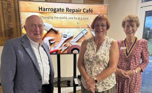 Christine Hall and Terry Wilkinson from the Harrogate Repair Café, with Knaresborough Rotary President Stephanie Blevins.