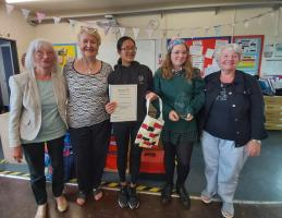 From left - Susan Staudy (judge), Elly Day (Rotary organiser), Izzy (Lakes School, Windermere, District runner up),  Megan (QES Kirby Lonsdale, District winner), Barbara Sloan (judge)