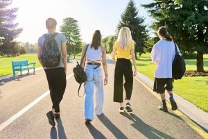 Rear view of four teenagers walking along a road.